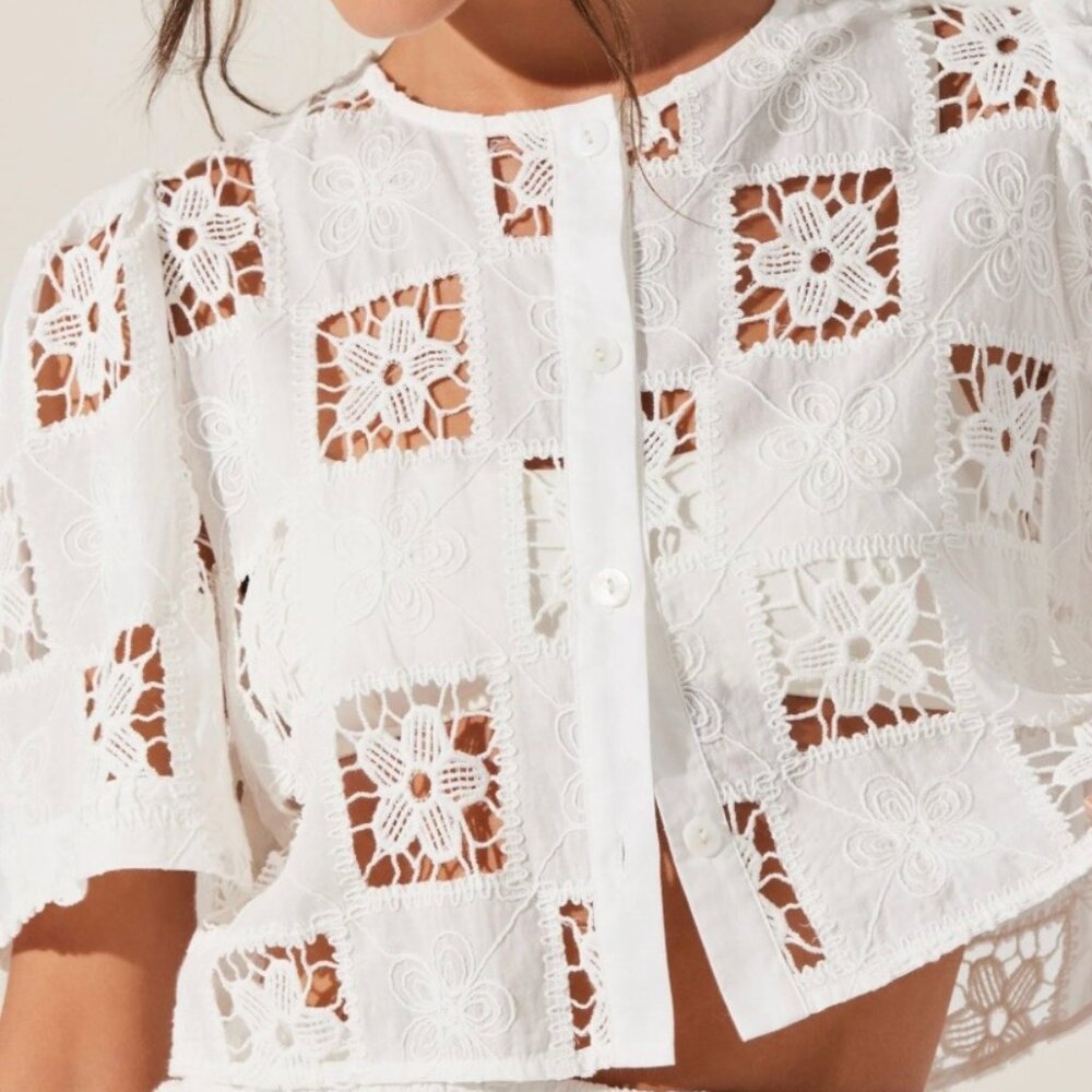 ASTR The Label Andolina white crochet lace crop top coquette coastal grandmother